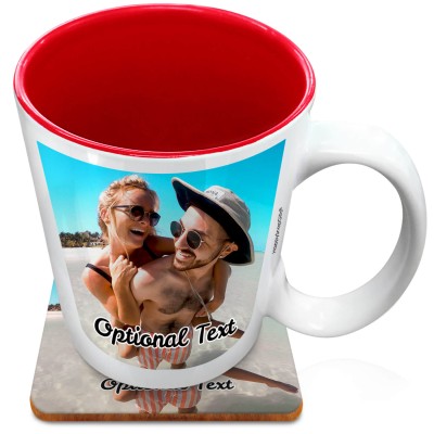 (XL 15oz Red) with 1 Photo Printed Front & Back (Personalised with Text) with 1 matching Square Coaster