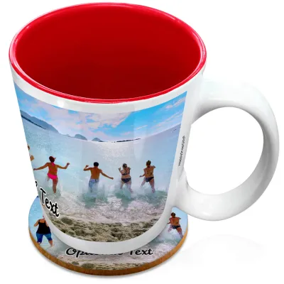 (XL 15oz  Red) with 1 Wrapped Around Image (Personalised with Text) with 1 matching Circular Coaster