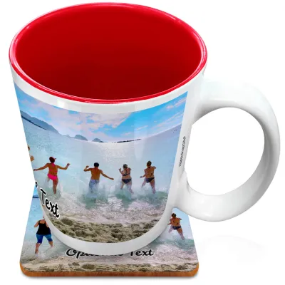 (XL 15oz  Red) with 1 Wrapped Around Image (Personalised with Text) with 1 matching Square Coaster