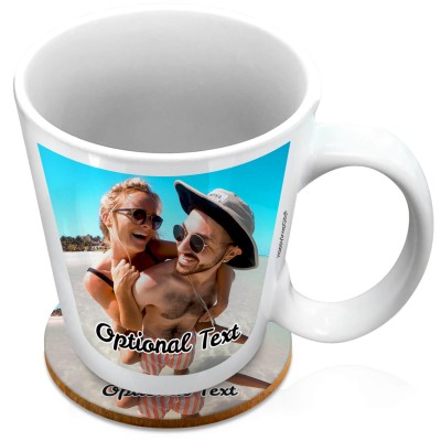(XL 15oz White) with 1 Photo Printed Front & Back (Personalised with Text) with 1 matching Circular Coaster