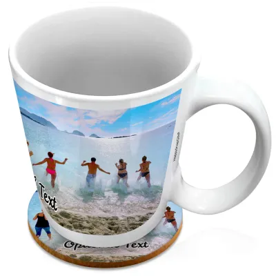 (XL 15oz White) with 1 Wrapped Around Image (Personalised with Text) with 1 matching Circular Coaster