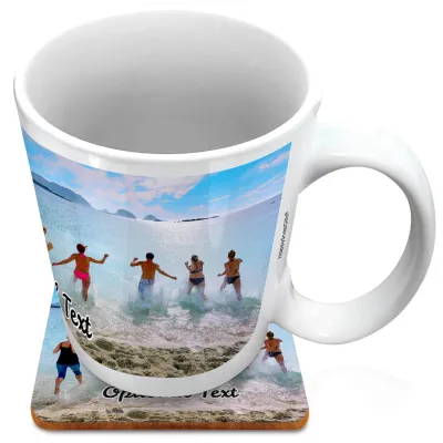 (XL 15oz White) with 1 Wrapped Around Image (Personalised with Text) with 1 matching Square Coaster