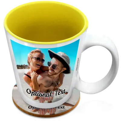 (XL 15oz Yellow) with 1 Photo Printed Front & Back (Personalised with Text) with 1 matching Circular Coaster