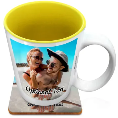 (XL 15oz Yellow) with 1 Photo Printed Front & Back (Personalised with Text) with 1 matching Square Coaster
