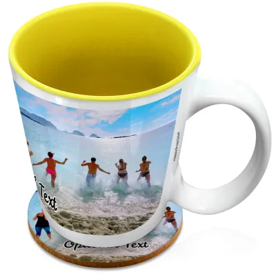 (XL 15oz Yellow) with 1 Wrapped Around Image (Personalised with Text) with 1 matching Circular Coaster