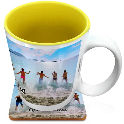 (XL 15oz Yellow) with 1 Wrapped Around Image (Personalised with Text) with 1 matching Square Coaster