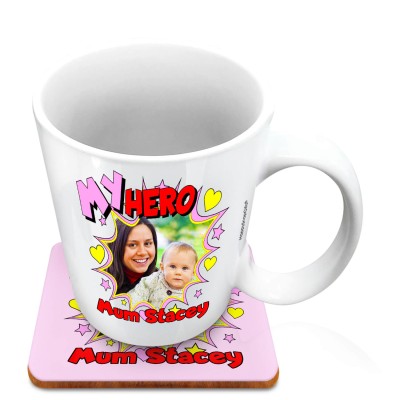 (10oz White) with Hearts & Stars Design (Personalised with Text) with 1 matching Square Coaster