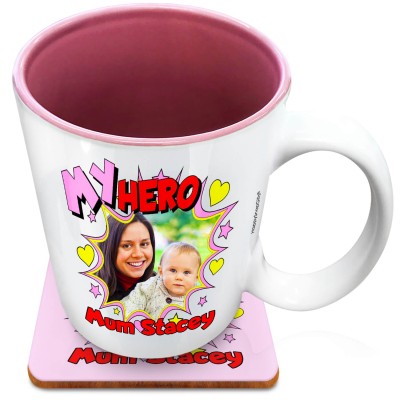 (XL 15oz Pink) with Hearts & Stars Design (Personalised with Text) with 1 matching Square Coaster
