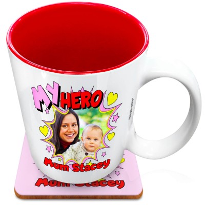 (XL 15oz Red) with Hearts & Stars Design (Personalised with Text) with 1 matching Square Coaster
