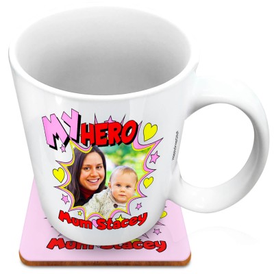 (XL 15oz White) with Hearts & Stars Design (Personalised with Text) with 1 matching Square Coaster