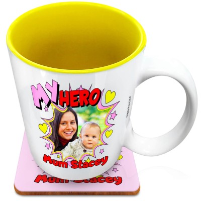 (XL 15oz Yellow) with Hearts & Stars Design (Personalised with Text) with 1 matching Square Coaster