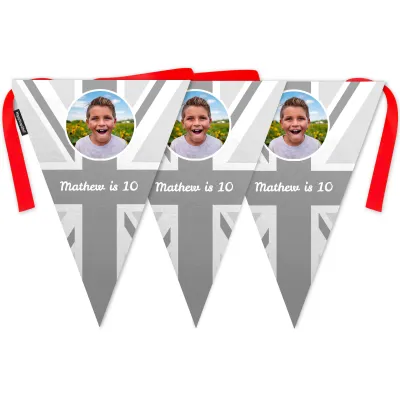 - 5 Metres with 12 Triangle Flags (28cm) Grey Mock Suede Polyester Fabric (Personalised with Text)