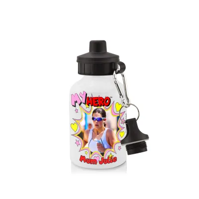 - White (400ml Mini) + Screw Cap with Hearts & Stars Design with 2 Photos Printed Front & Back (Personalised with Text)