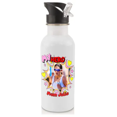 in White (600ml) with Drinking Straw with Hearts & Stars Design with 1 Photo Printed Front & Back (Personalised with Text)