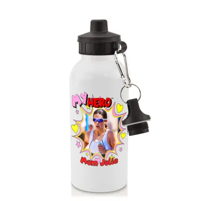 in White (600ml) with Screw Cap with Hearts & Stars Design with 1 Photo Printed Front & Back (Personalised with Text)