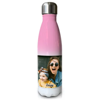- Double Walled (Pink Stainless Steel 500ml) with 1 Wrapped Around Image (Personalised with Text)