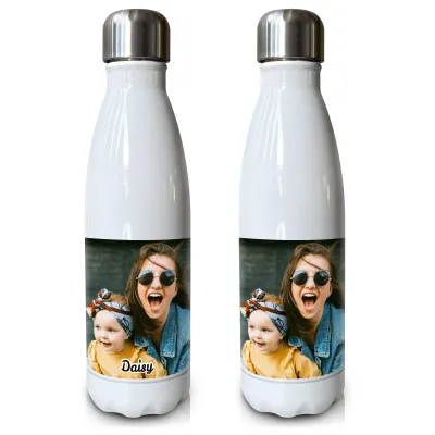- Double Walled (White Stainless Steel 500ml) with 1 Photo Printed Front & Back (Personalised with Text)