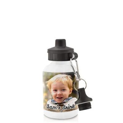 - White (400ml Mini) + Screw Cap with 1 Photo Printed Front & Back (Personalised with Text)