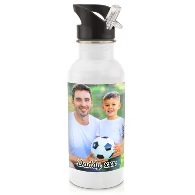 in White (600ml) with Drinking Straw with 2 Photos Printed Front & Back (Personalised with Text)