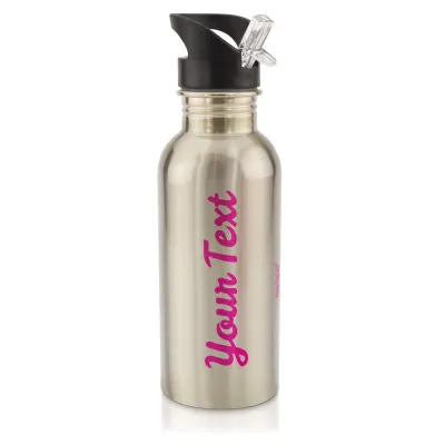 in Silver (600ml) with Drinking Straw Hot Pink (Fuchsia) (Personalised with Text)