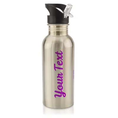 in Silver (600ml) with Drinking Straw Purple (Personalised with Text)