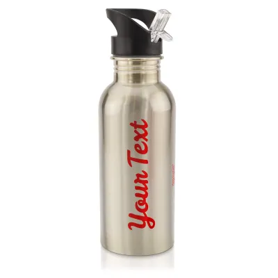 in Silver (600ml) with Drinking Straw Red (Personalised with Text)