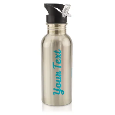 in Silver (600ml) with Drinking Straw Sky Blue (Personalised with Text)