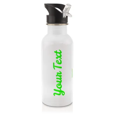 in White (600ml) with Drinking Straw Bright Green (Personalised with Text)