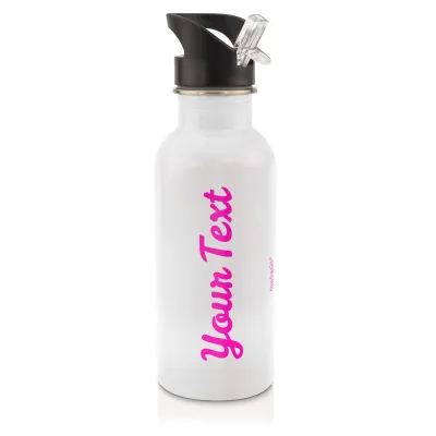 in White (600ml) with Drinking Straw Hot Pink (Fuchsia) (Personalised with Text)