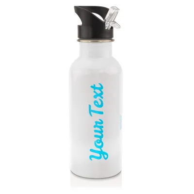 in White (600ml) with Drinking Straw Sky Blue (Personalised with Text)