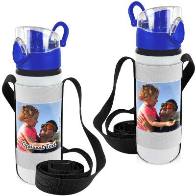 - Blue with 1 Photo Printed Front & Back (Personalised with Text) with Black Water Bottle Sling