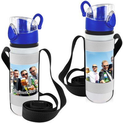- Blue with 1 Wrapped Around Image (Personalised with Text) with Black Water Bottle Sling