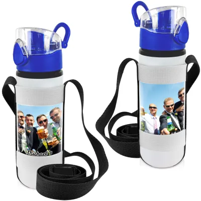 - Blue with 1 Wrapped Around Image (Personalised with Text) with Black Water Bottle Sling