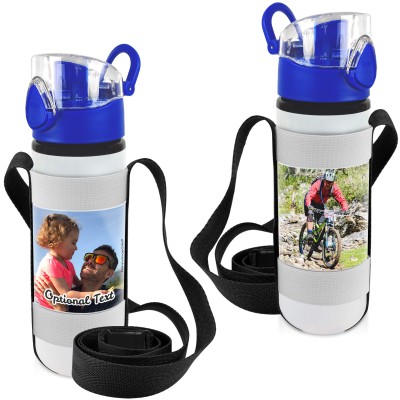 - Blue with 2 Photos Printed Front & Back (Personalised with Text) with Black Water Bottle Sling