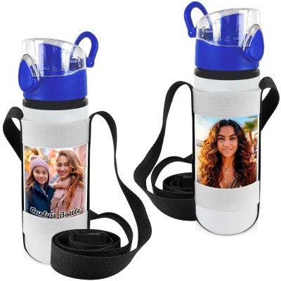 - Blue with 2 Photos Printed Front & Back (Personalised with Text) with Black Water Bottle Sling