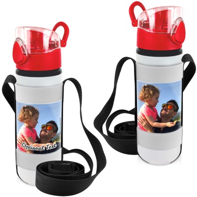 - Red with 1 Photo Printed Front & Back (Personalised with Text) with Black Water Bottle Sling