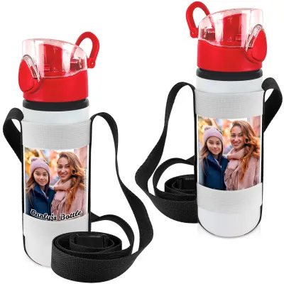- Red with 1 Photo Printed Front & Back (Personalised with Text) with Black Water Bottle Sling