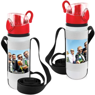 - Red with 1 Wrapped Around Image (Personalised with Text) with Black Water Bottle Sling