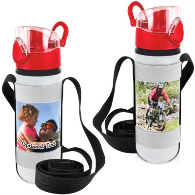 - Red with 2 Photos Printed Front & Back (Personalised with Text) with Black Water Bottle Sling