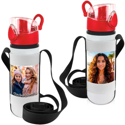 - Red with 2 Photos Printed Front & Back (Personalised with Text) with Black Water Bottle Sling