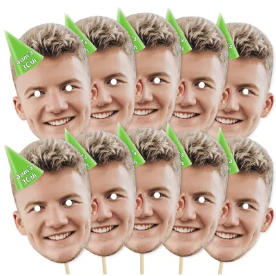Pack of 10 (A4) with Hat Theme (Green) Finished Masks + Sticks (Personalised with Text)