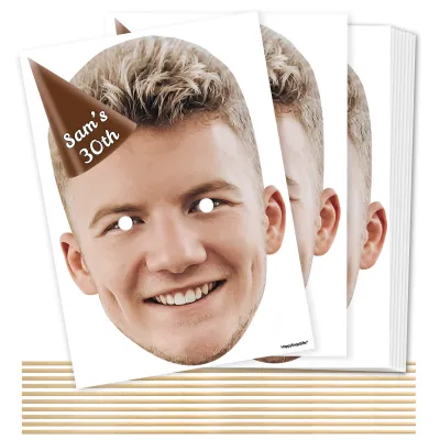 Pack of 10 (A4) with Hat Theme (Brown) DIY Masks + Sticks (Personalised with Text)