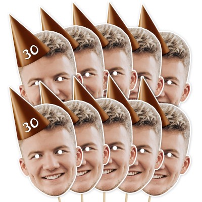 (Pack of 10) (Brown) Finished Masks + Sticks (10 of Same Faces) (Personalised with Text)