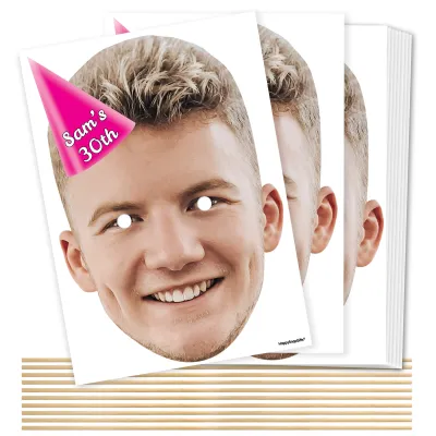 Pack of 10 (A4) with Hat Theme (Pink) DIY Masks + Sticks (Personalised with Text)