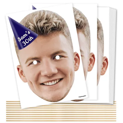 Pack of 10 (A4) with Hat Theme (Navy Blue) DIY Masks + Sticks (Personalised with Text)