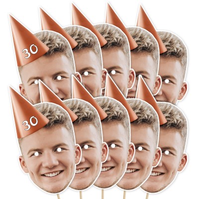 (Pack of 10) (Orange) Finished Masks + Sticks (10 of Same Faces) (Personalised with Text)