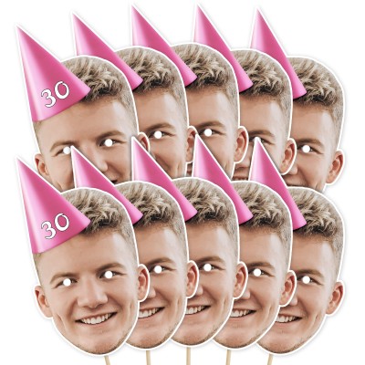 (Pack of 10) (Pink) Finished Masks + Sticks (10 of Same Faces) (Personalised with Text)