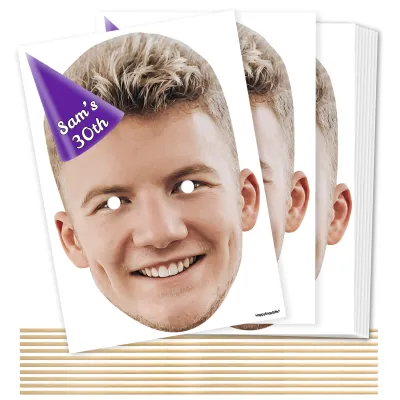 Pack of 10 (A4) with Hat Theme (Purple) DIY Masks + Sticks (Personalised with Text)