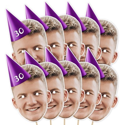 (Pack of 10) (Purple) Finished Masks + Sticks (10 of Same Faces) (Personalised with Text)