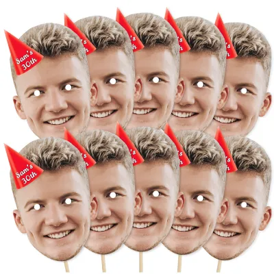 Pack of 10 (A4) with Hat Theme (Red) Finished Masks + Sticks (Personalised with Text)